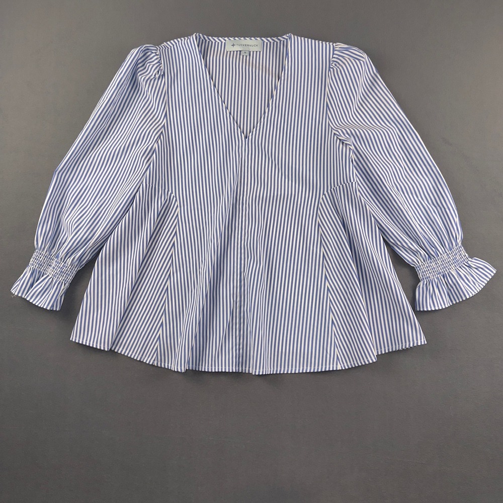Tuckernuck Blue and White Striped V-Neck Peplum Blouse